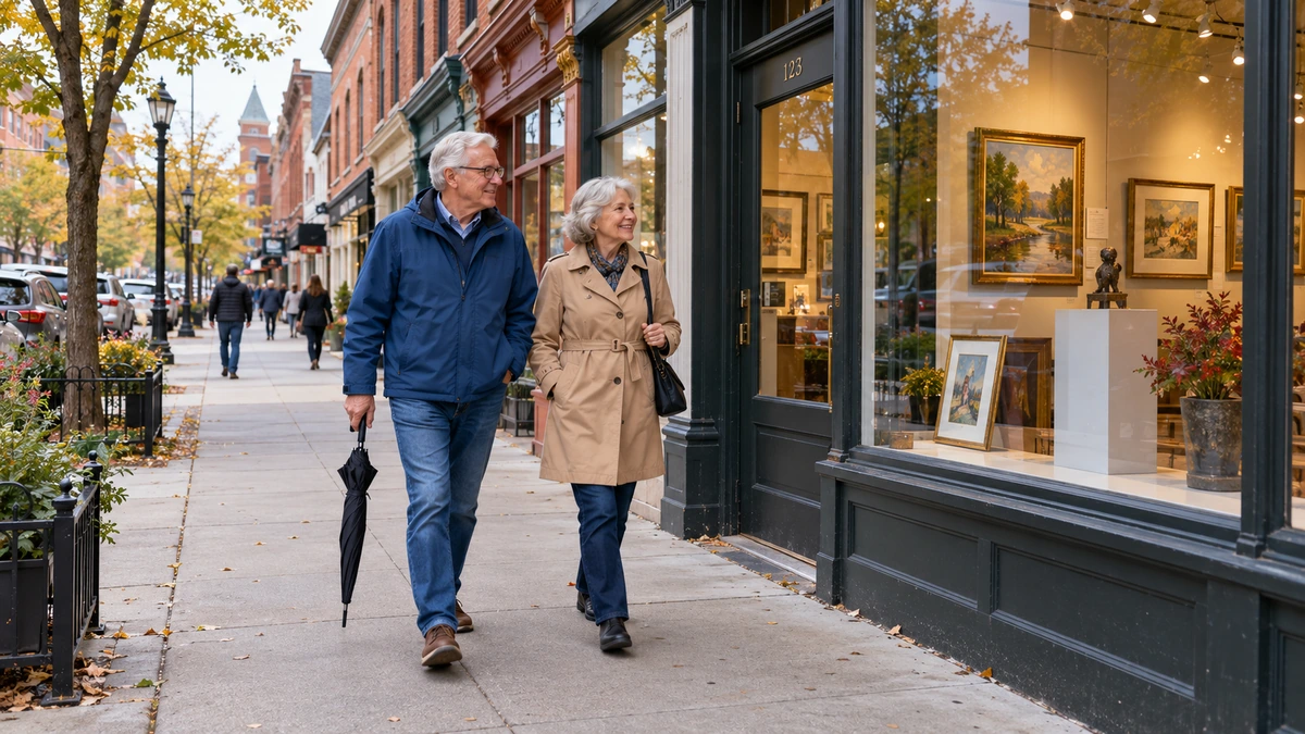 Michigan Lansing Old Town gallery walk An older couple walks beside a gallery window displaying framed paintings