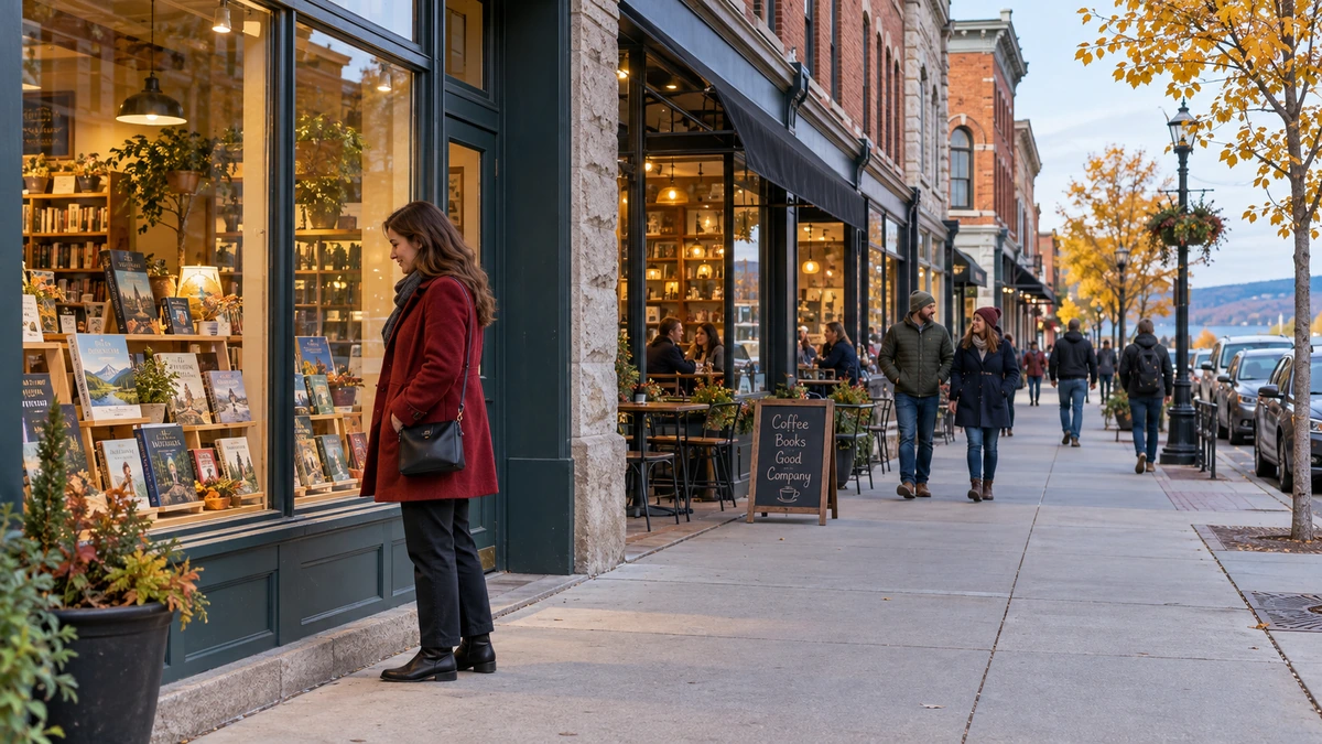 Michigan Marquette bookshop window and downtown street A woman in a red coat looks at books displayed in a shop window