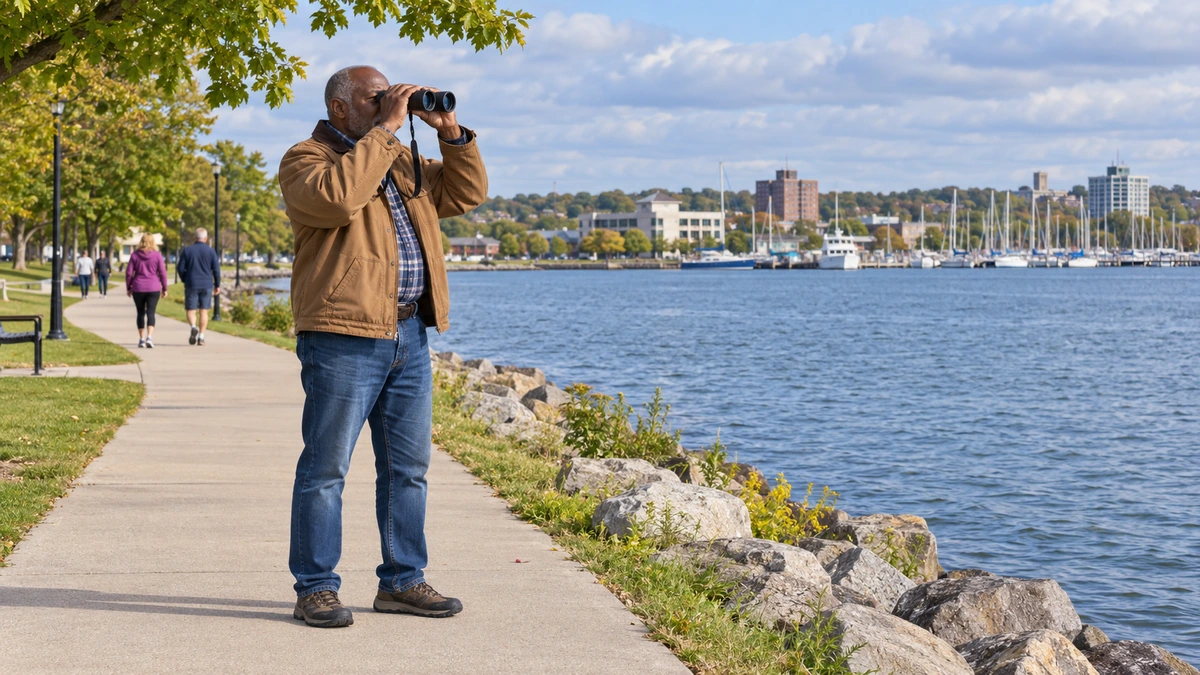 Michigan Muskegon Lake trail with a binocular observer An older man uses binoculars beside a freshwater lake and paved trail
