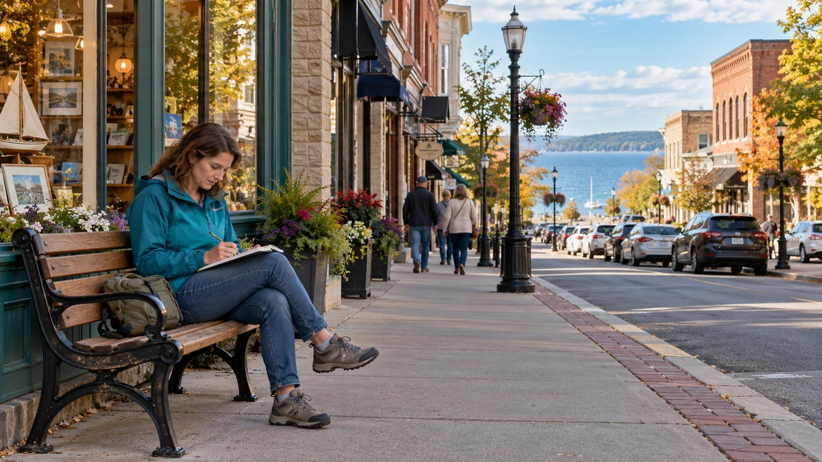 Michigan Petoskey downtown bench and sketchbook A woman sketches in a notebook on a downtown bench with a bay visible beyond