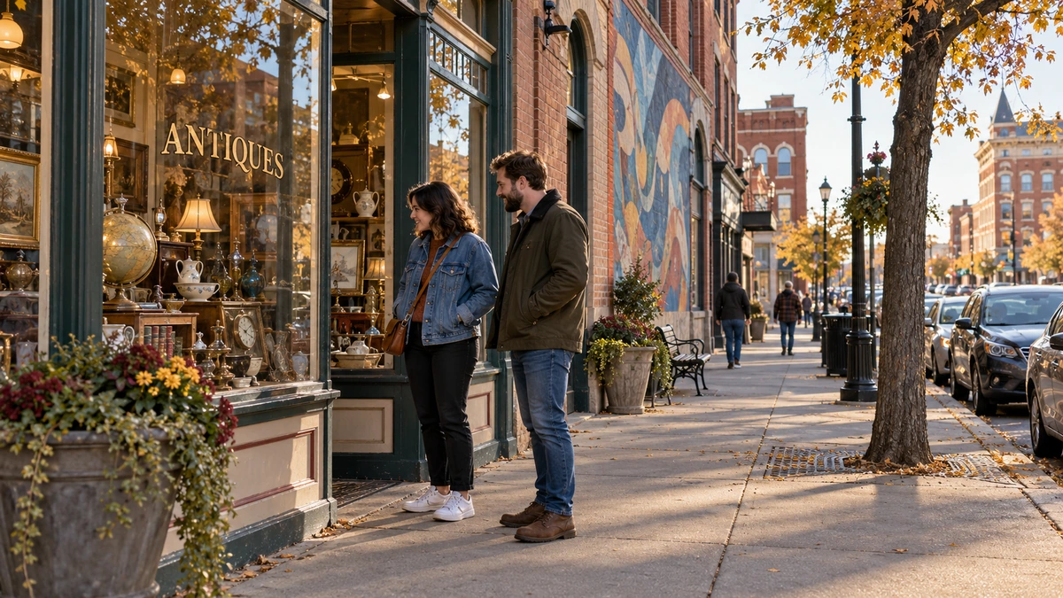 Michigan Saginaw Old Town antique-shop window Two adults look at an antique-shop window on a historic brick street