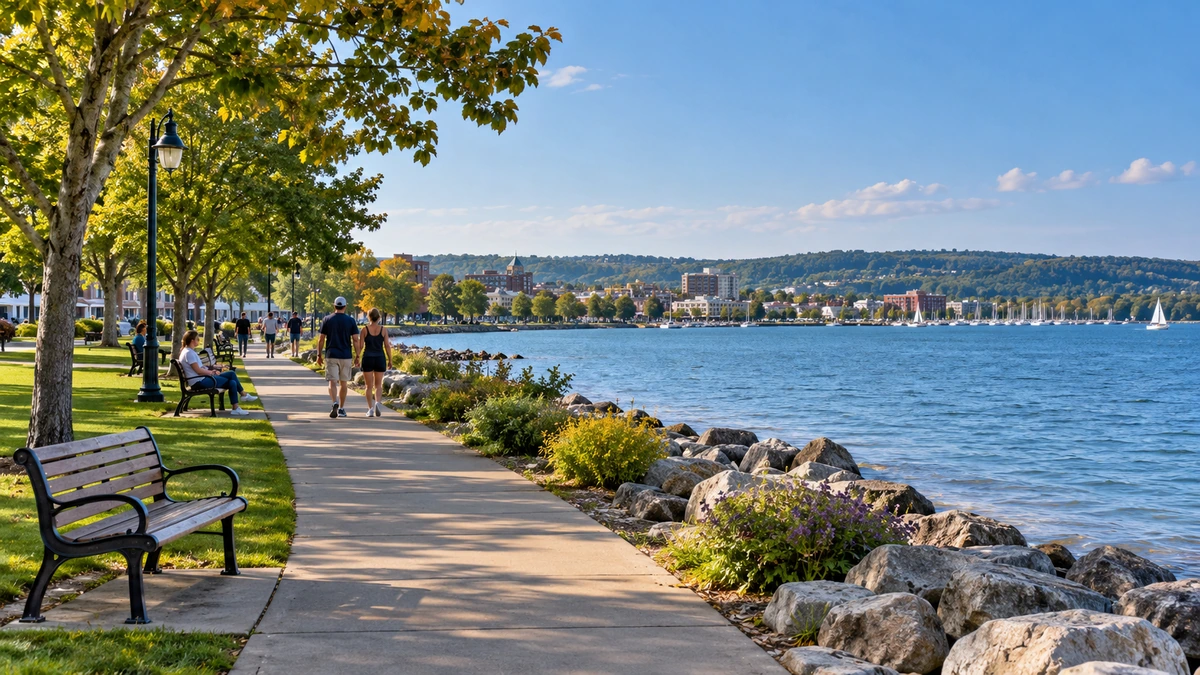 Michigan Traverse City bayfront promenade People walk beside a freshwater bay along a tree-lined path with benches