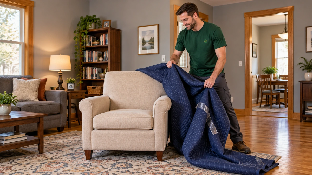 Minnesota armchair receiving and blanket removal A mover draws a loose quilted blanket away from an armchair in a furnished room