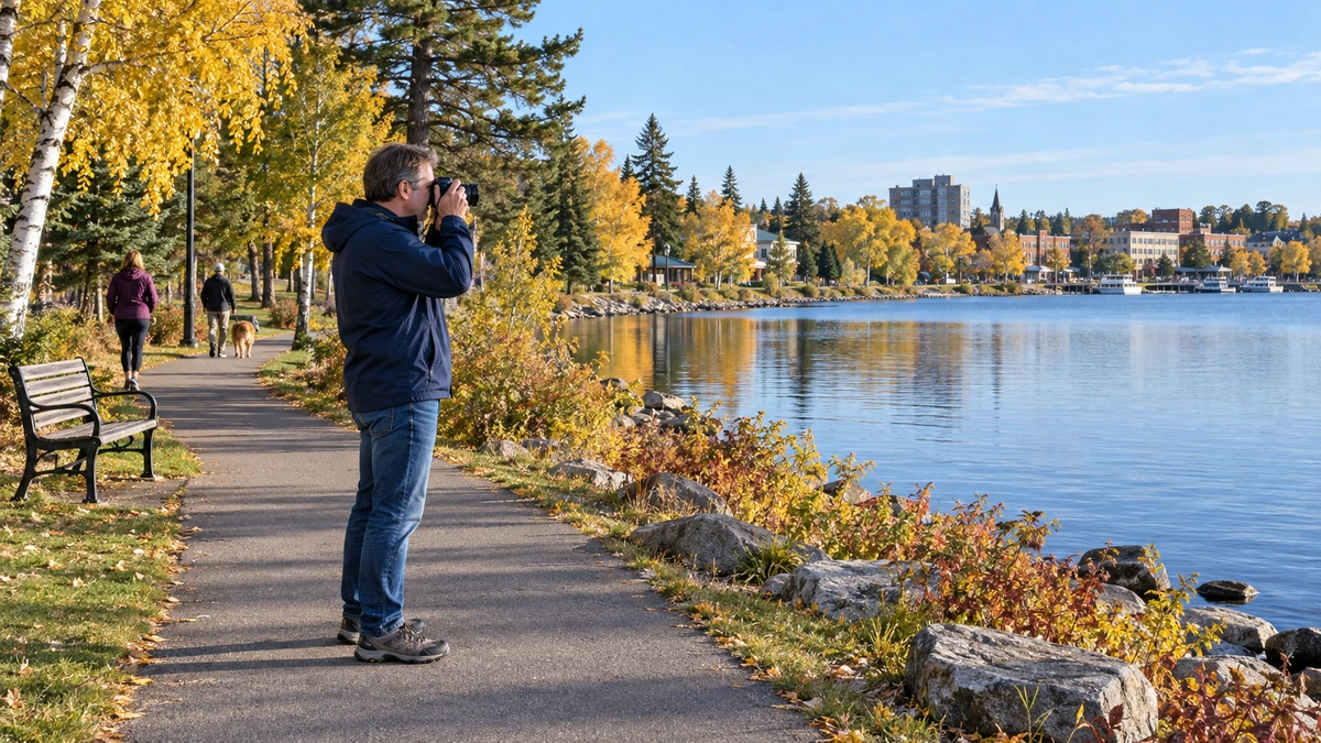 Bemidji lakeside photography and town surroundings A man photographs a lakeside view from a tree-lined path