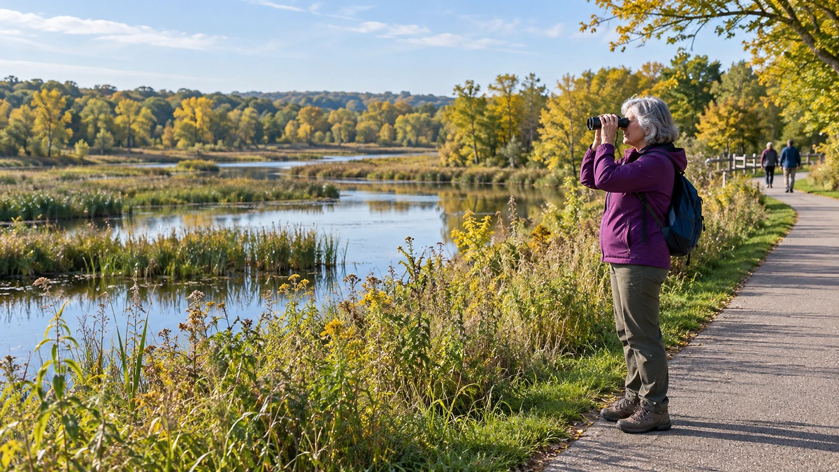 Bloomington wetland path and binocular view A woman holds binoculars on a paved path beside autumn wetlands