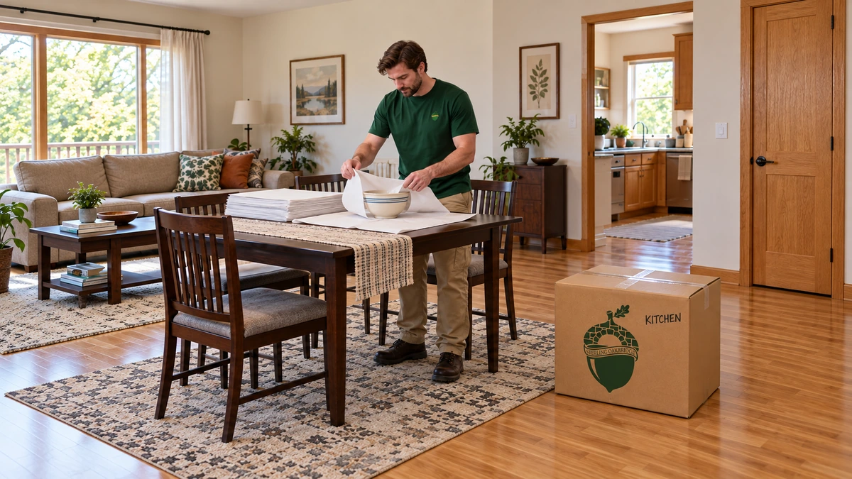 Minnesota bowl packing at a furnished apartment dining table A mover folds white packing paper around a bowl on a dining table beside a marked company carton