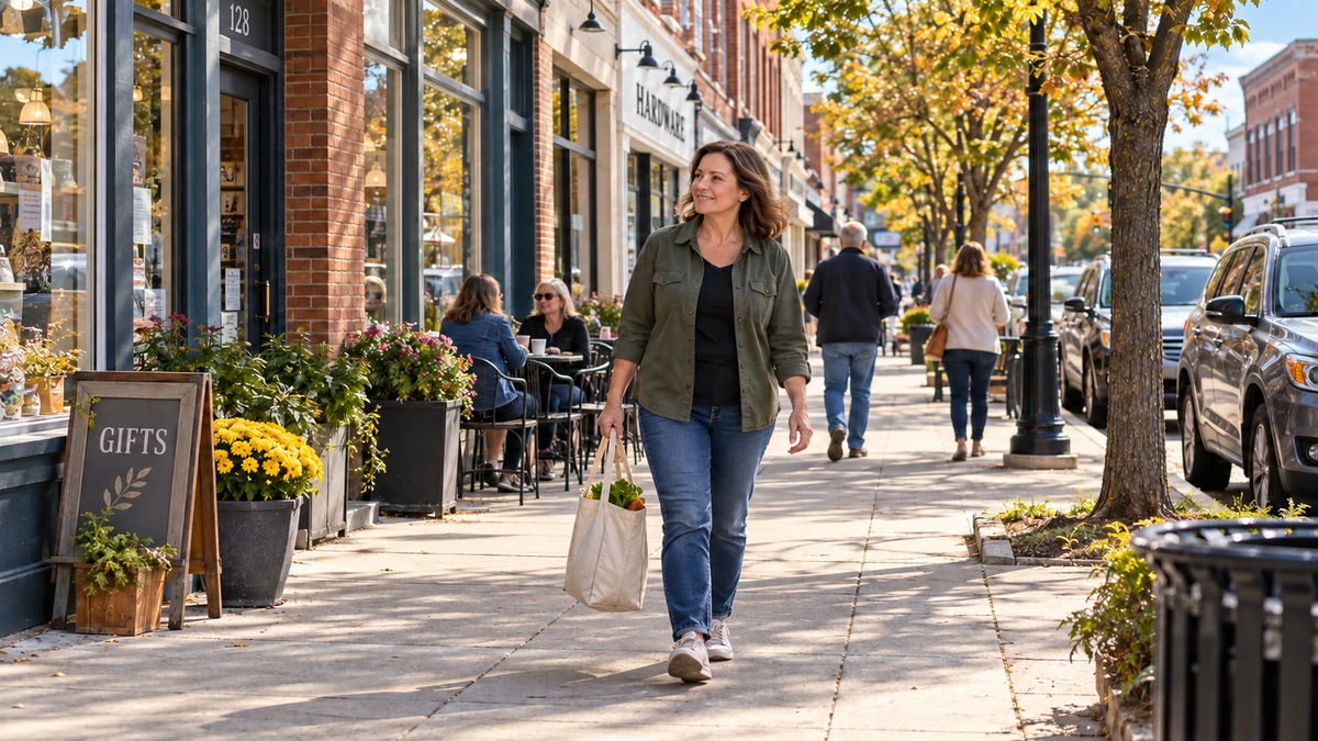 Brainerd downtown shopping walk A woman carries a canvas shopping bag along a tree-lined street of small shops