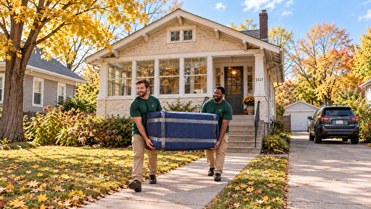 Minnesota bungalow furniture carry with quilted protection Two movers carry blanket-protected furniture along a front walk beside a stucco bungalow