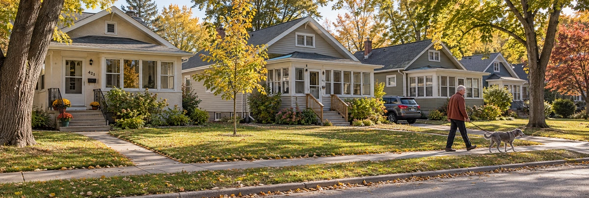 Minnesota bungalows with enclosed porches and a man walking a dog An older man walks a grey dog past Minnesota bungalows and autumn trees
