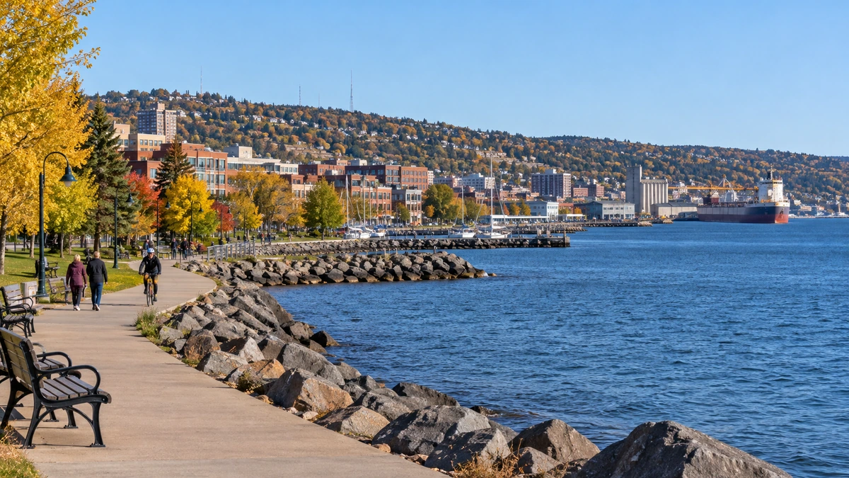Duluth waterfront promenade and harbor setting People walk and cycle along a waterfront path beside a harbor and wooded city hillside