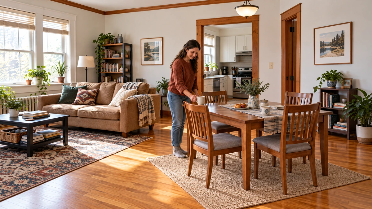 Minnesota first-week morning at a dining table A woman sets a mug on a dining table in an ordinary furnished apartment