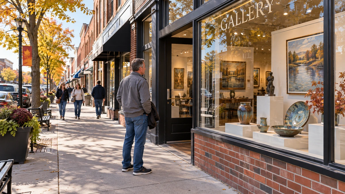 Mankato gallery window and downtown arts setting A man looks at paintings and ceramics in a gallery window on a downtown street
