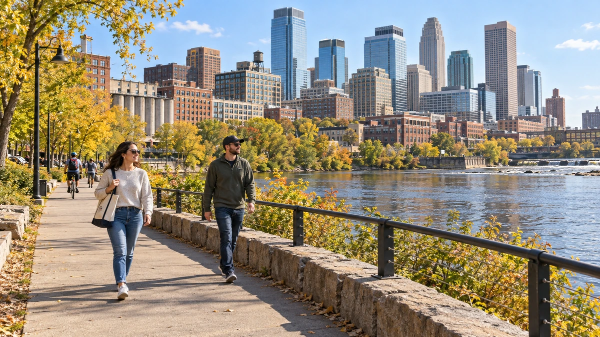 Minneapolis riverfront walk with downtown surroundings Two adults walk beside a river with brick buildings and a city skyline beyond