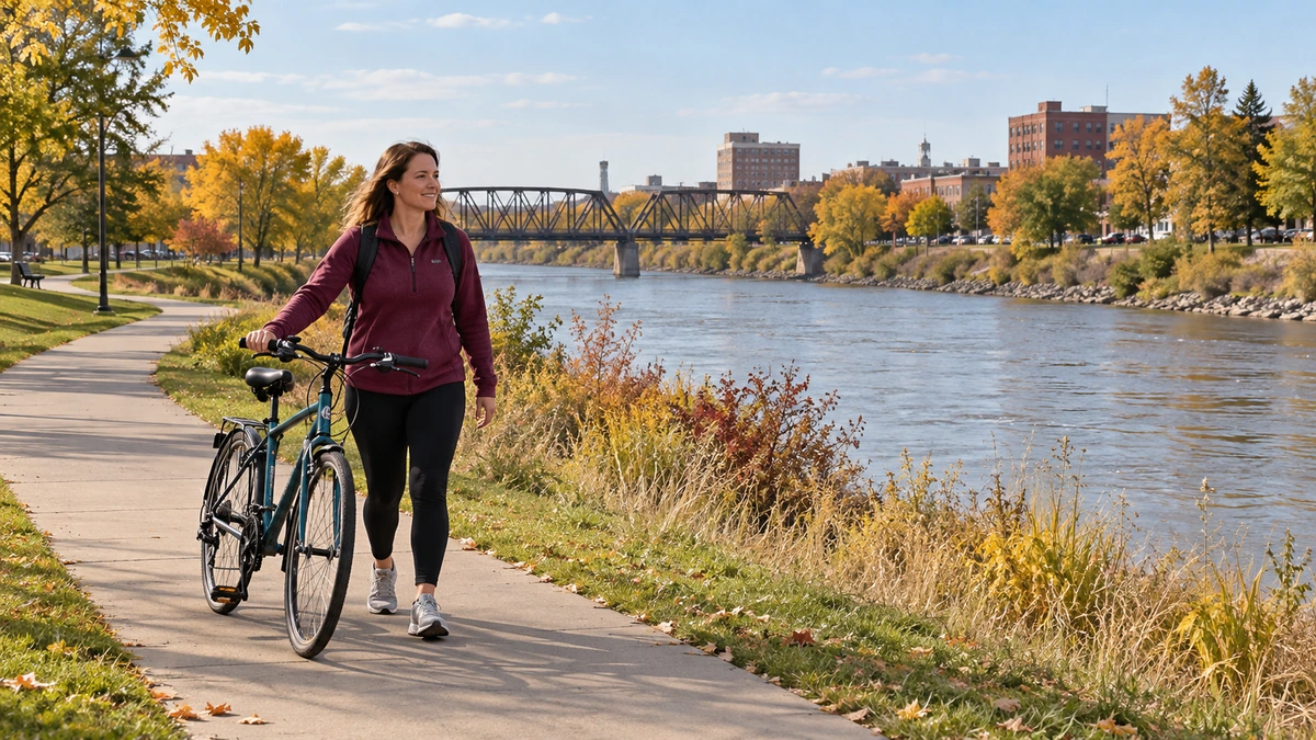 Moorhead river path with a woman walking a bicycle A woman walks a bicycle along a river path beside low city buildings and autumn trees