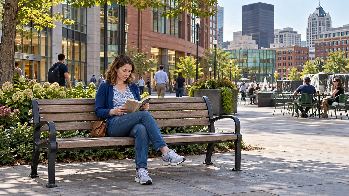 Rochester downtown bench and public plaza A woman reads a paperback on a bench in a downtown plaza