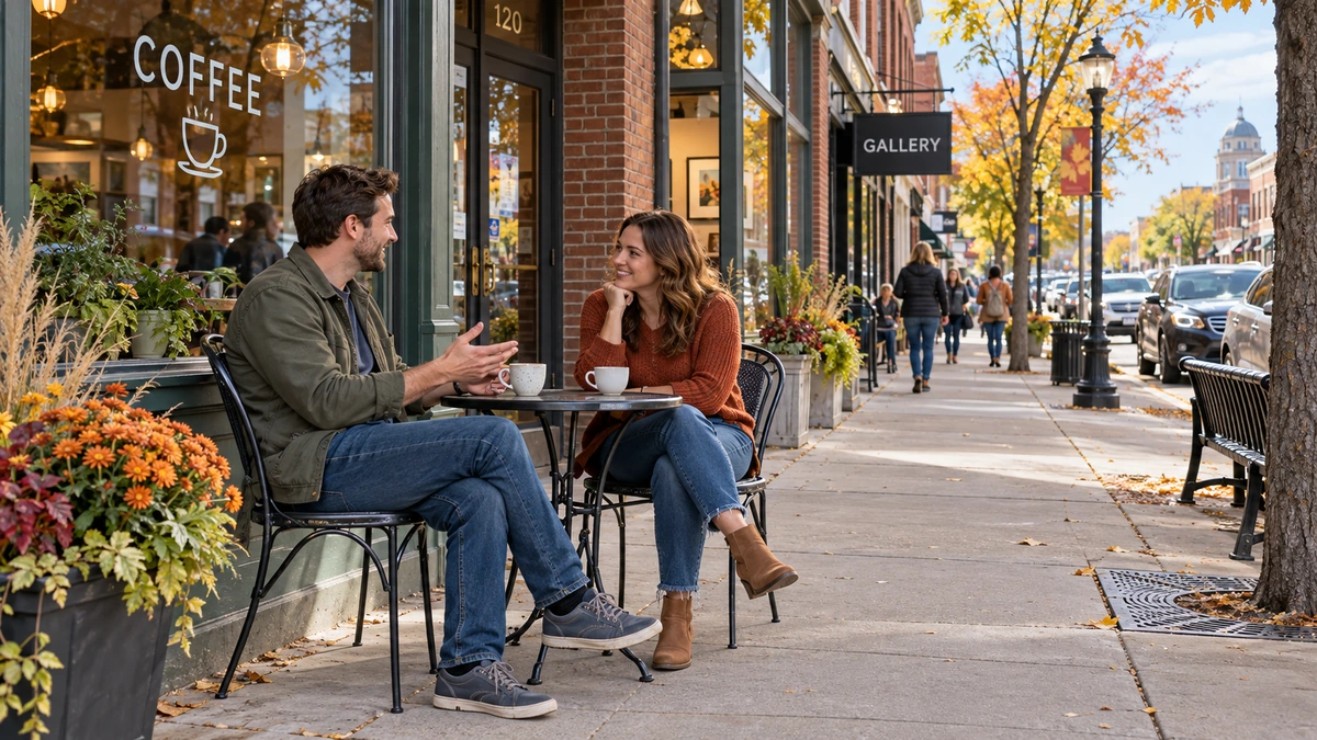 St. Cloud sidewalk café and downtown street A man and woman talk over coffee at a small sidewalk table