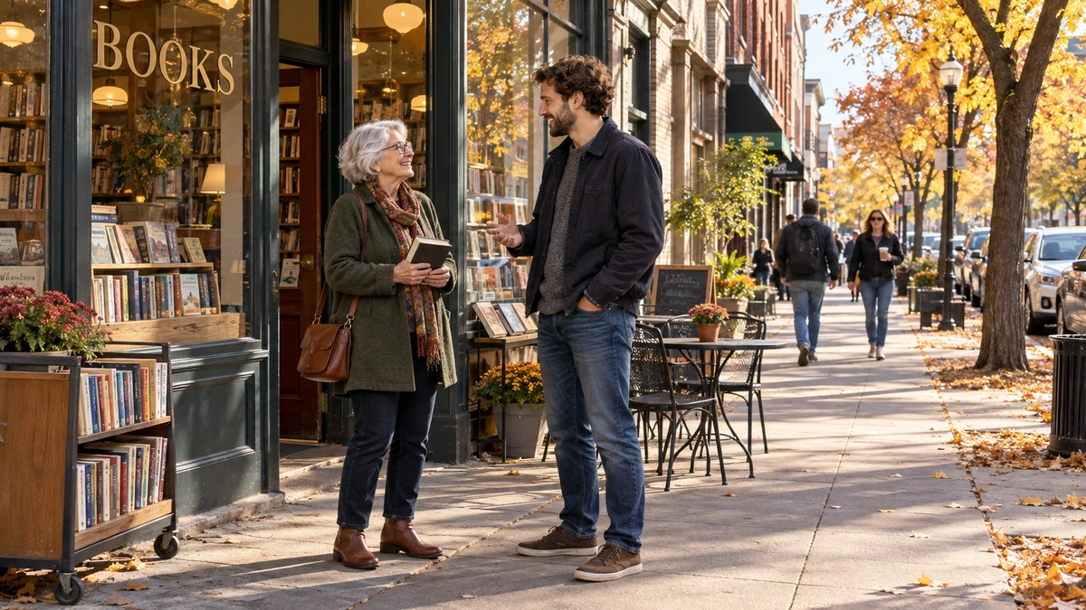 St. Paul neighborhood bookshop conversation An older woman holding a book talks with a man outside a bookshop on a brick-lined street