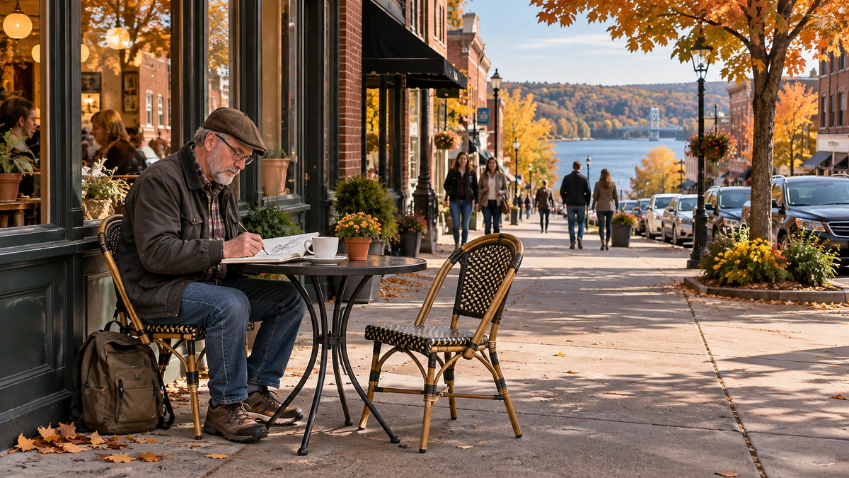 Stillwater sidewalk sketching and historic downtown street An older man sketches at a small café table on a sloping historic street