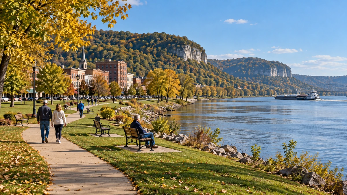 Winona riverfront park and wooded bluff setting People use a riverside park below wooded limestone bluffs and older town buildings