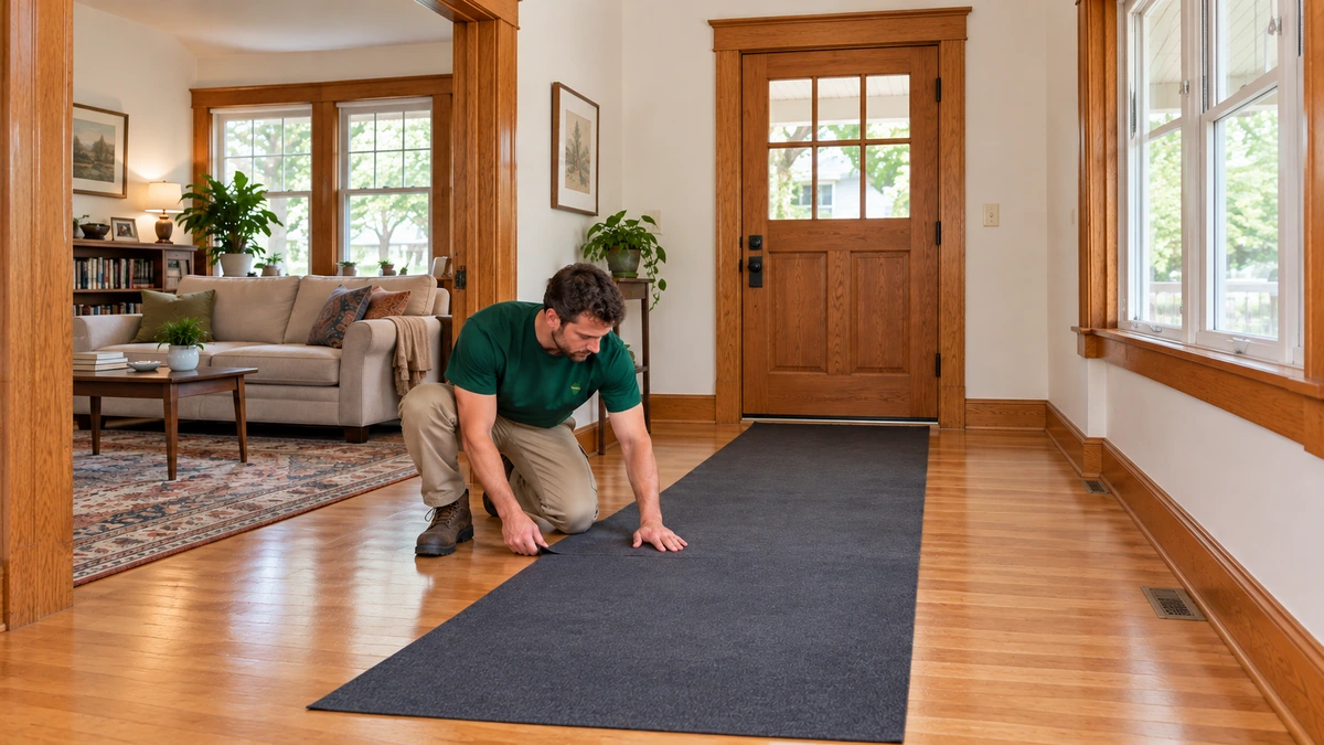 Minnesota wood-trim entry with a protective floor runner A mover kneels to smooth a protective runner on a wood floor near a closed door
