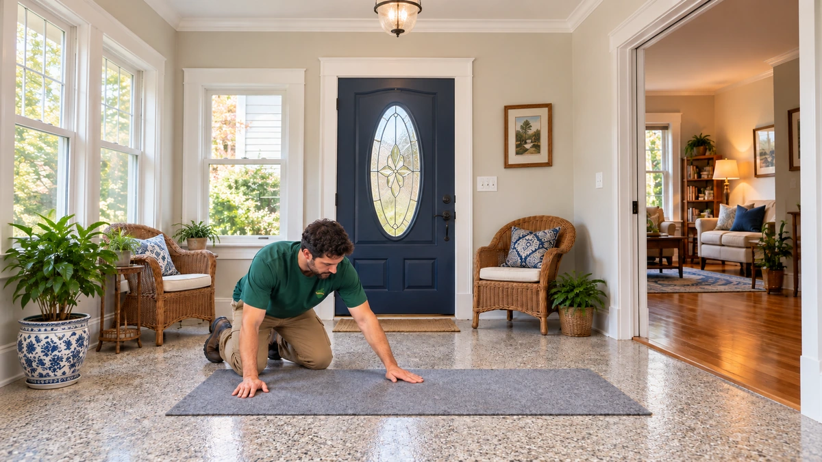 A mover smooths a grey floor protector inside a furnished enclosed entry.