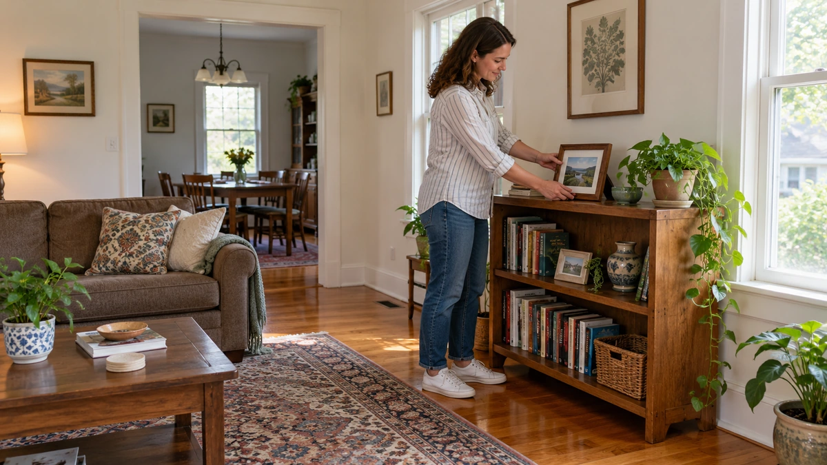 A woman places a framed landscape photograph on a wooden bookcase in a furnished living room.