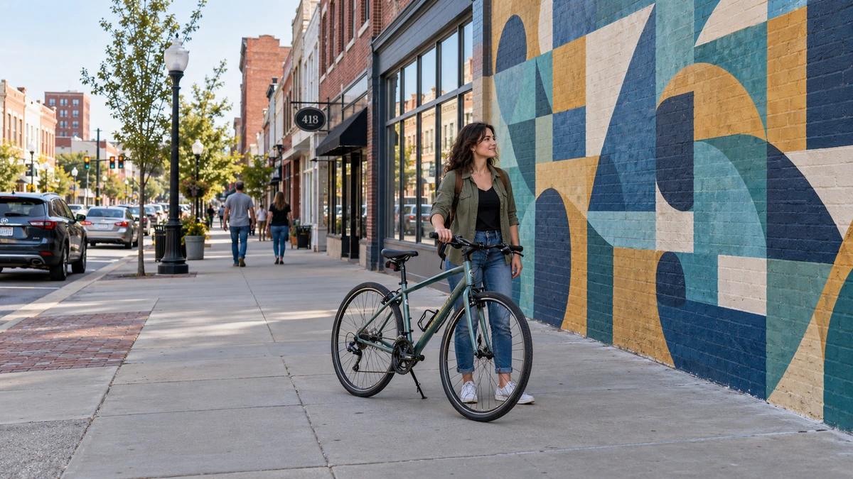 A woman stands with a bicycle beside a blue-and-ochre geometric mural.
