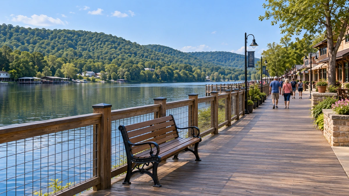 Visitors walk along a lakeside boardwalk beside wooded hills and calm water.