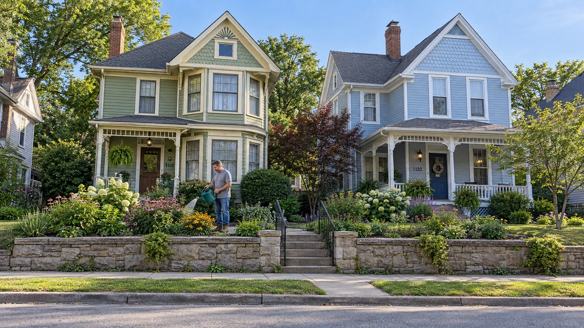 A man waters a front garden beside two older clapboard houses and a stone retaining wall.