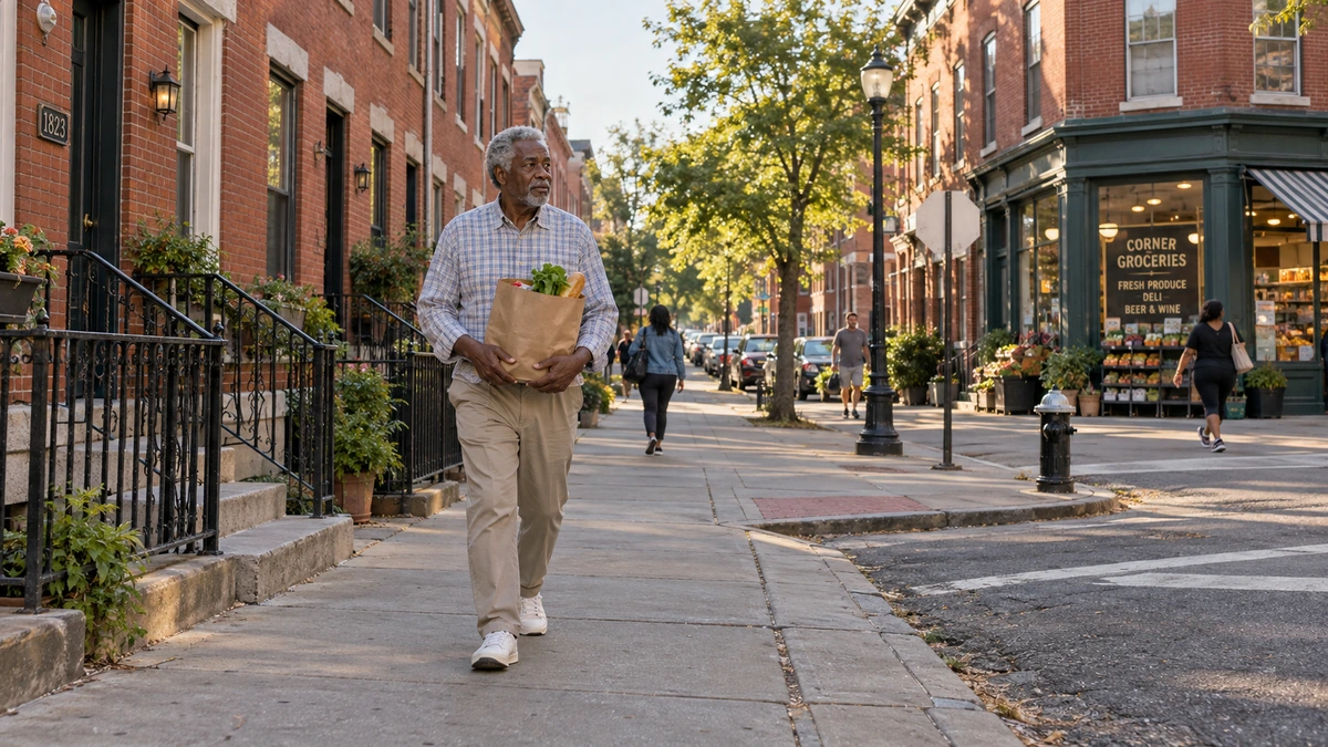 An older man carries a paper grocery bag past red-brick rowhouses.