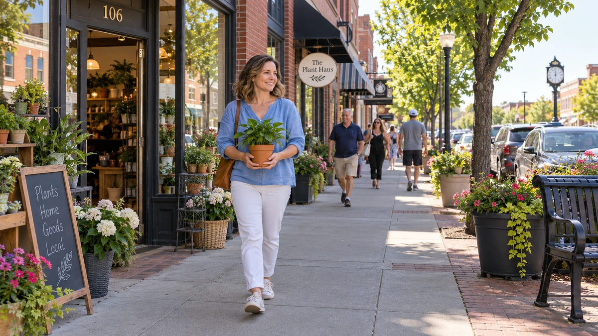 A woman carries a small leafy plant in a terracotta pot along a shop sidewalk.