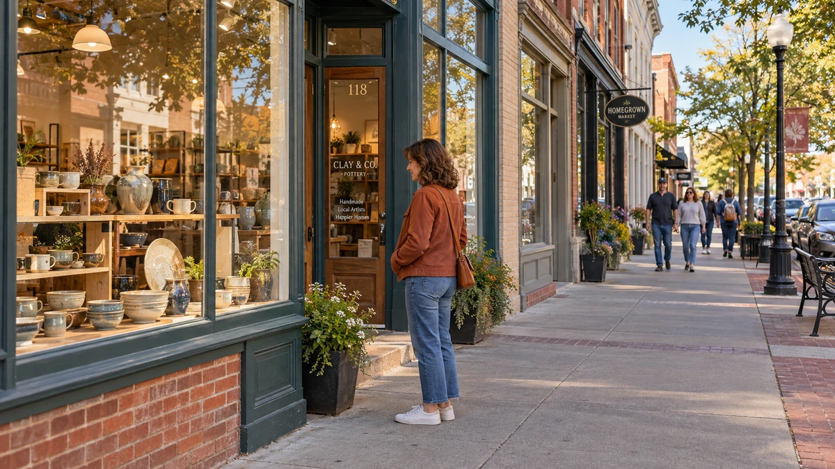 A woman looks at handmade pottery displayed in a shop window.