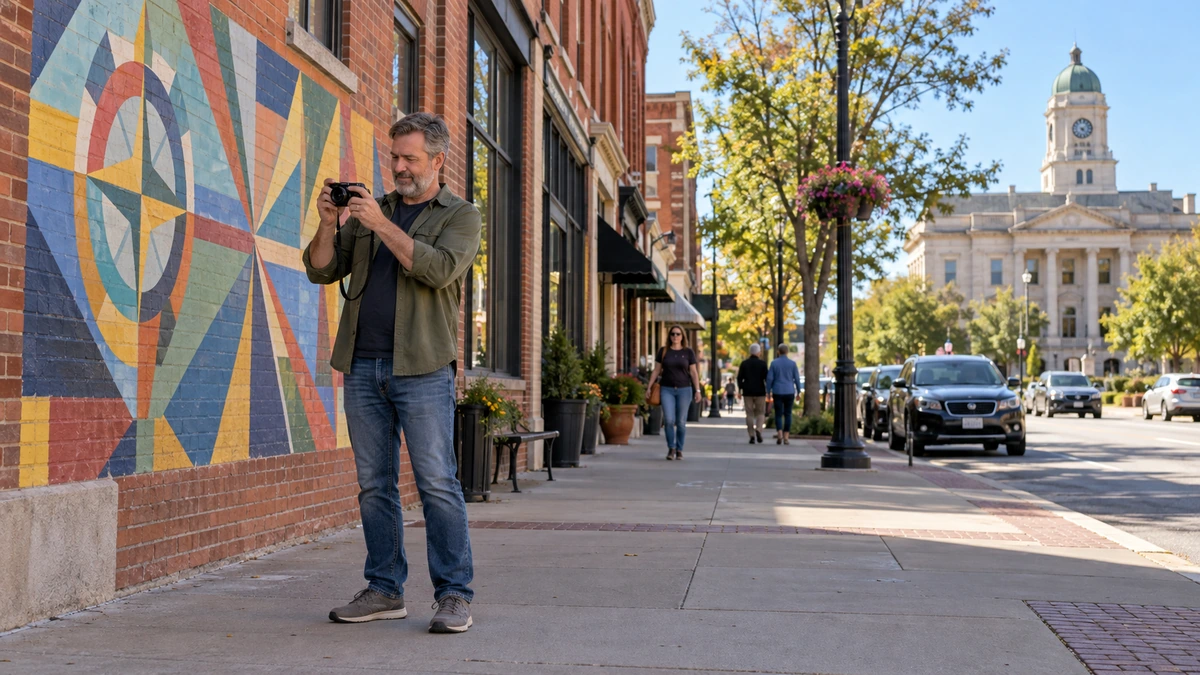 A man checks a compact camera beside a geometric mural on a brick wall.