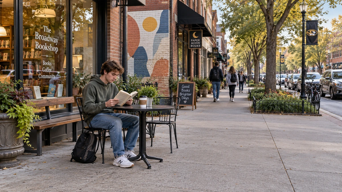 A young man reads a paperback at a sidewalk cafe table outside brick bookshops.