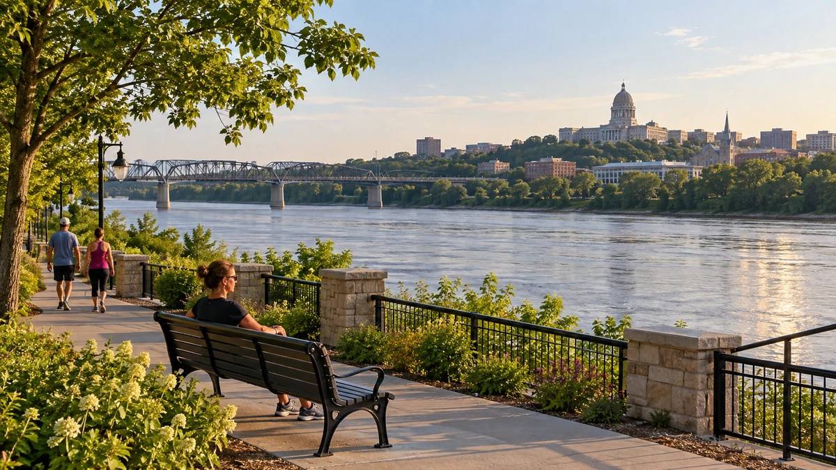 People rest and walk beside a broad river with a bridge and domed civic building beyond.