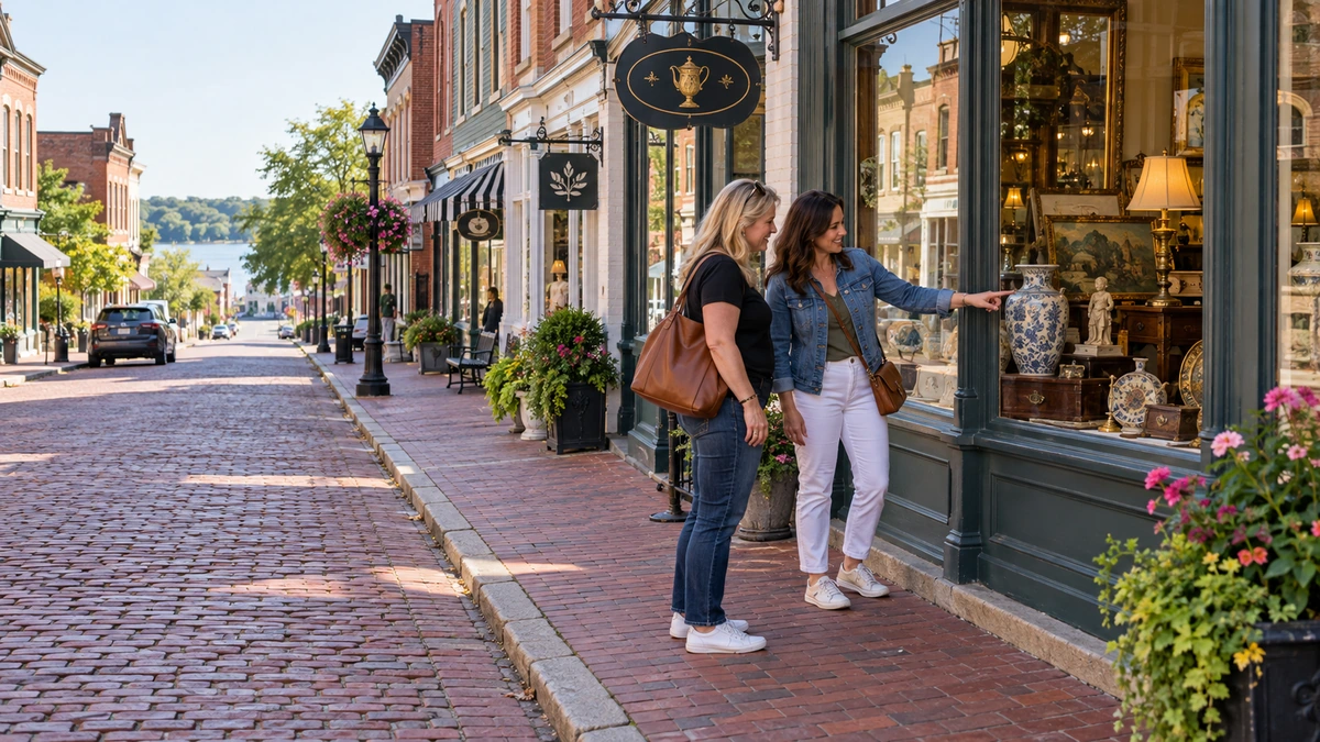 Two women look at a blue-and-white vase in an antique shop window.