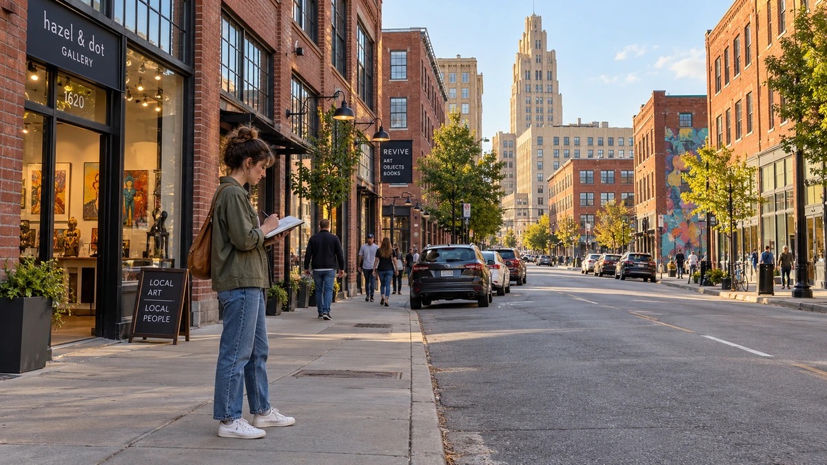 A woman sketches beside brick gallery buildings on a city street.
