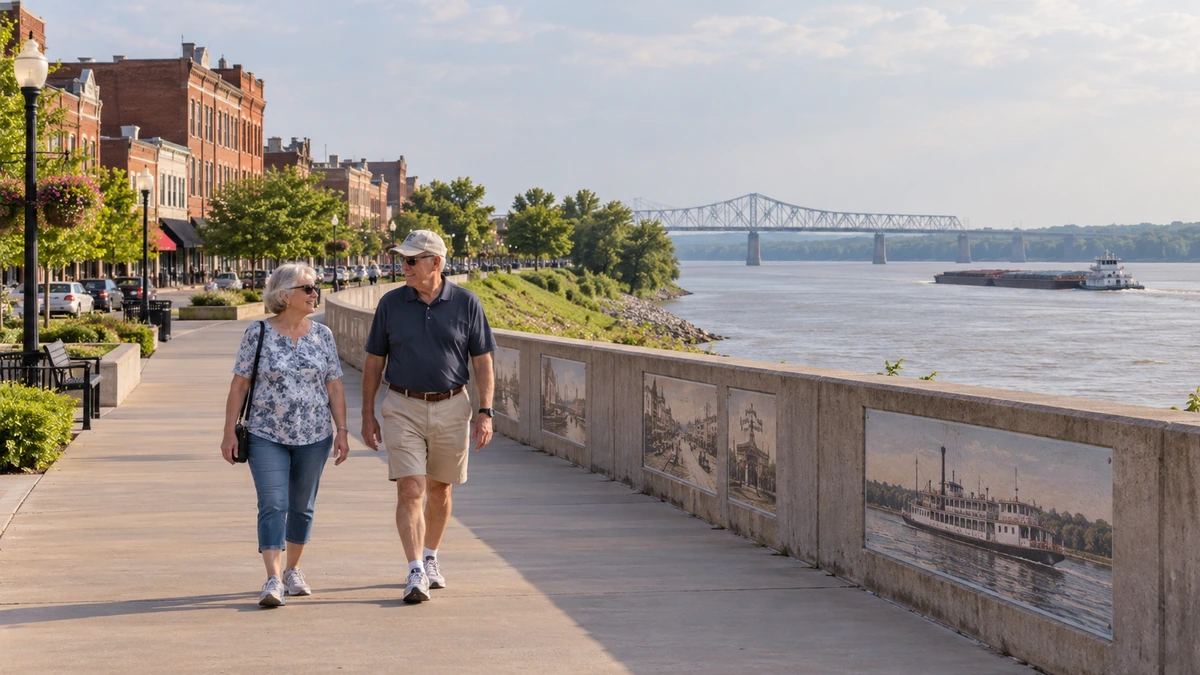 An older couple walks beside riverfront art panels with a broad river and bridge beyond.