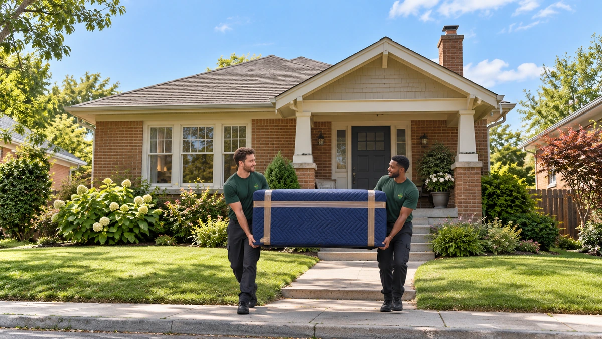 Two movers carry a quilt-covered cabinet along the level sidewalk in front of a brick bungalow.