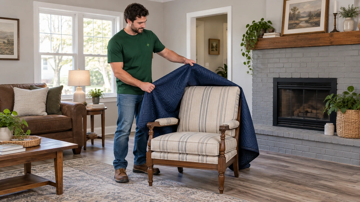 A mover removes a loose navy quilt from a striped armchair resting on the floor.