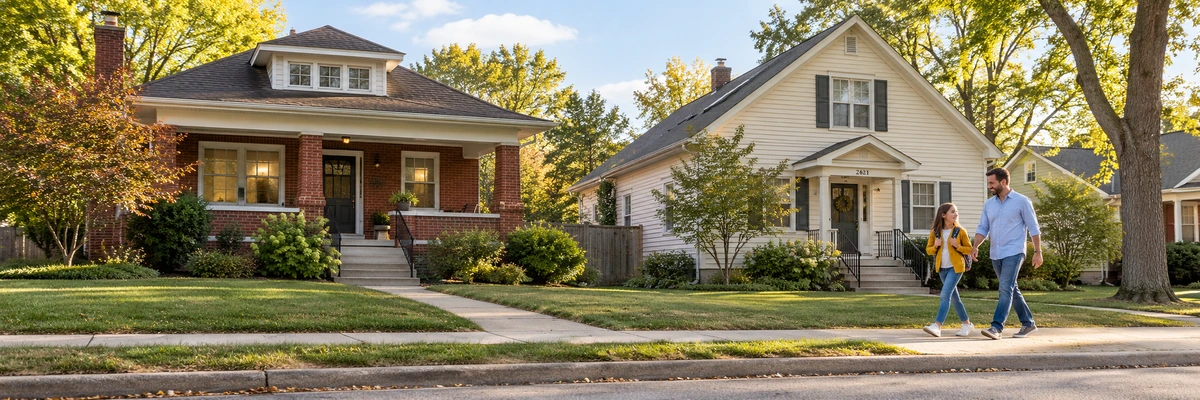 Two people walking past brick and lap-sided homes on a leafy neighborhood sidewalk.