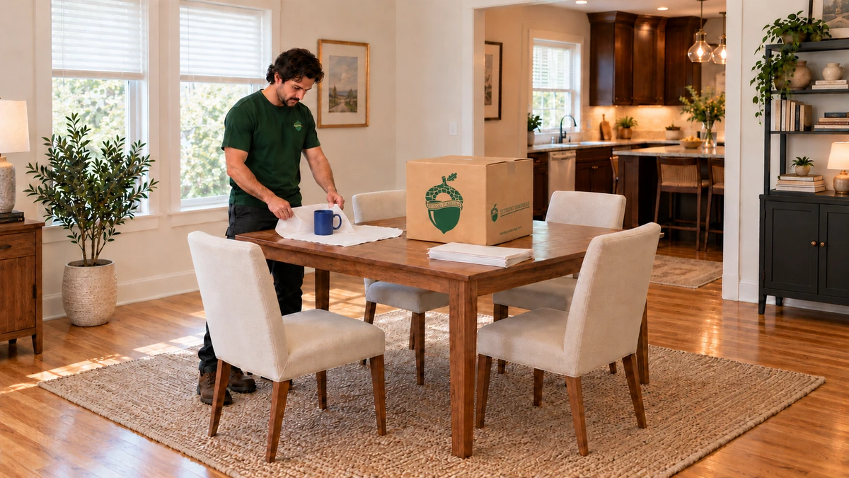 A mover folds white packing paper around a blue mug resting on a wooden dining table beside a closed branded carton.