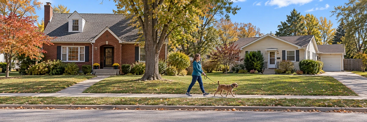 A woman walks a brown dog along a sidewalk in front of brick and cream-sided homes.
