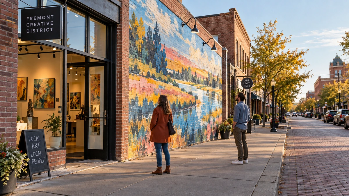 Two residents look at a colorful landscape mural beside a gallery.