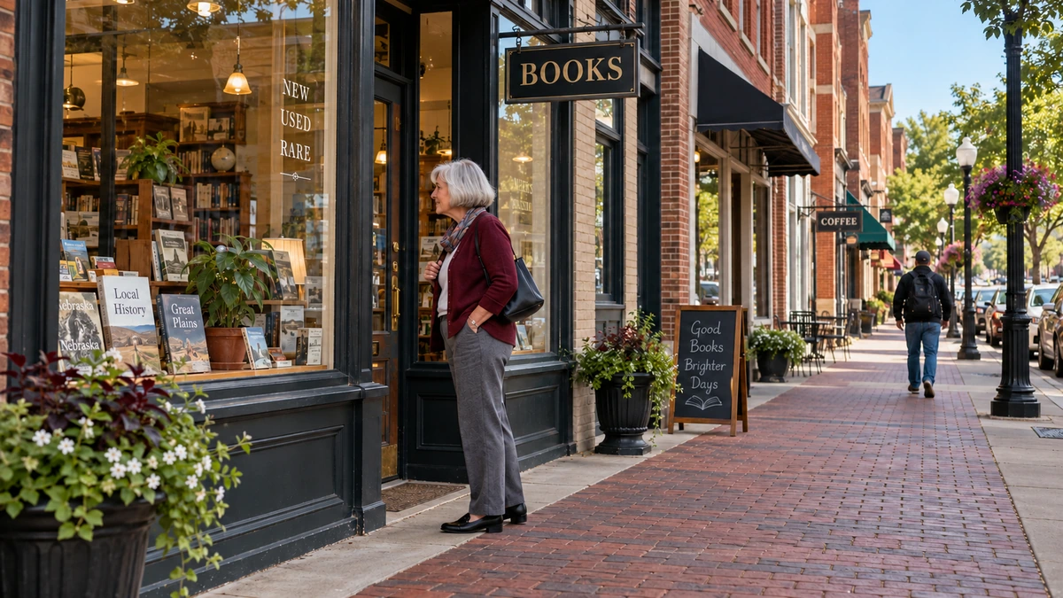 A gray-haired woman looks into a bookshop window beside a brick sidewalk.