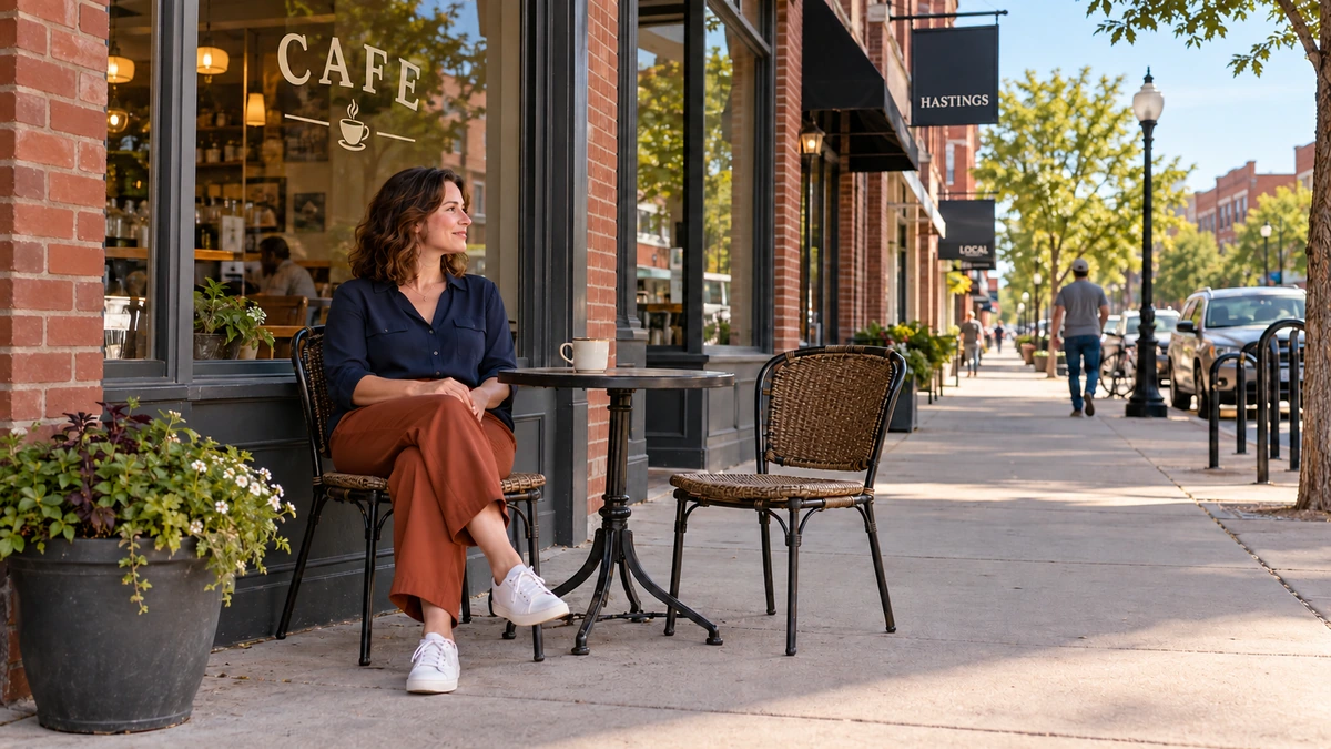 A woman sits at a small cafe table with a mug beside a matching empty chair.