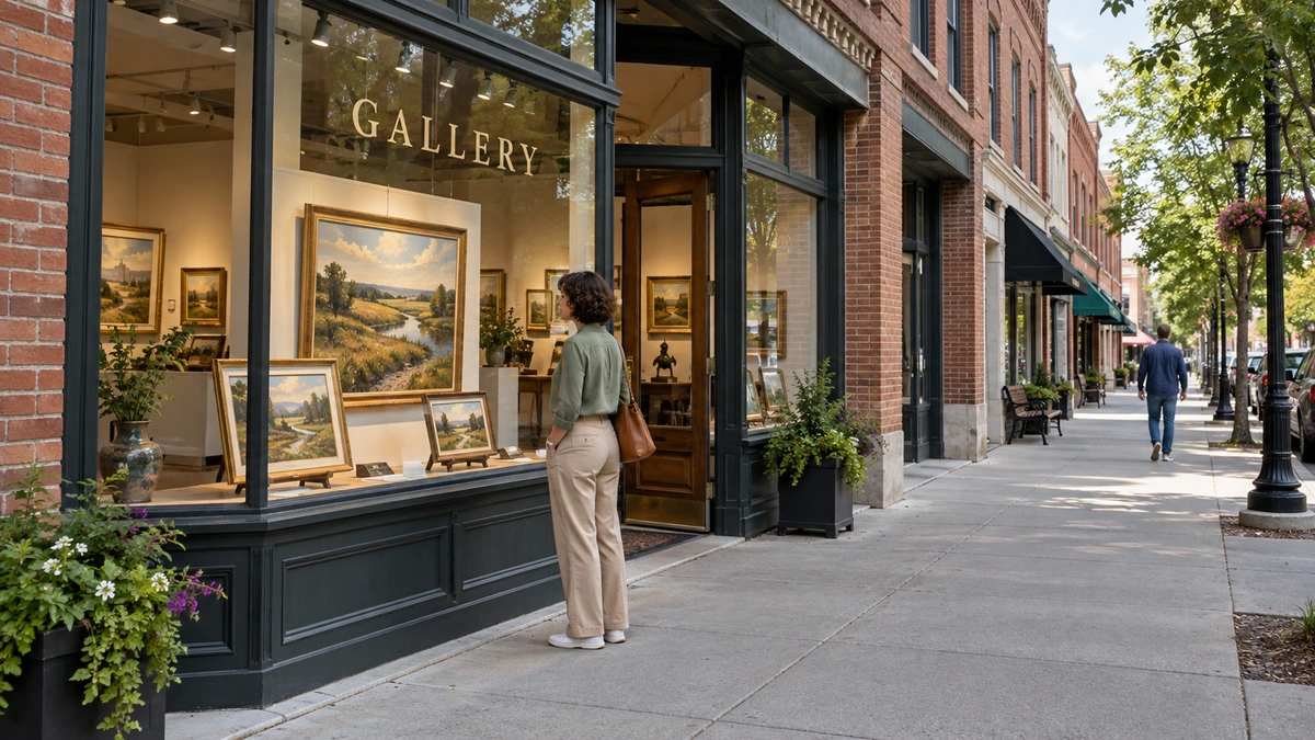 A woman looks at framed landscape paintings in a gallery window.