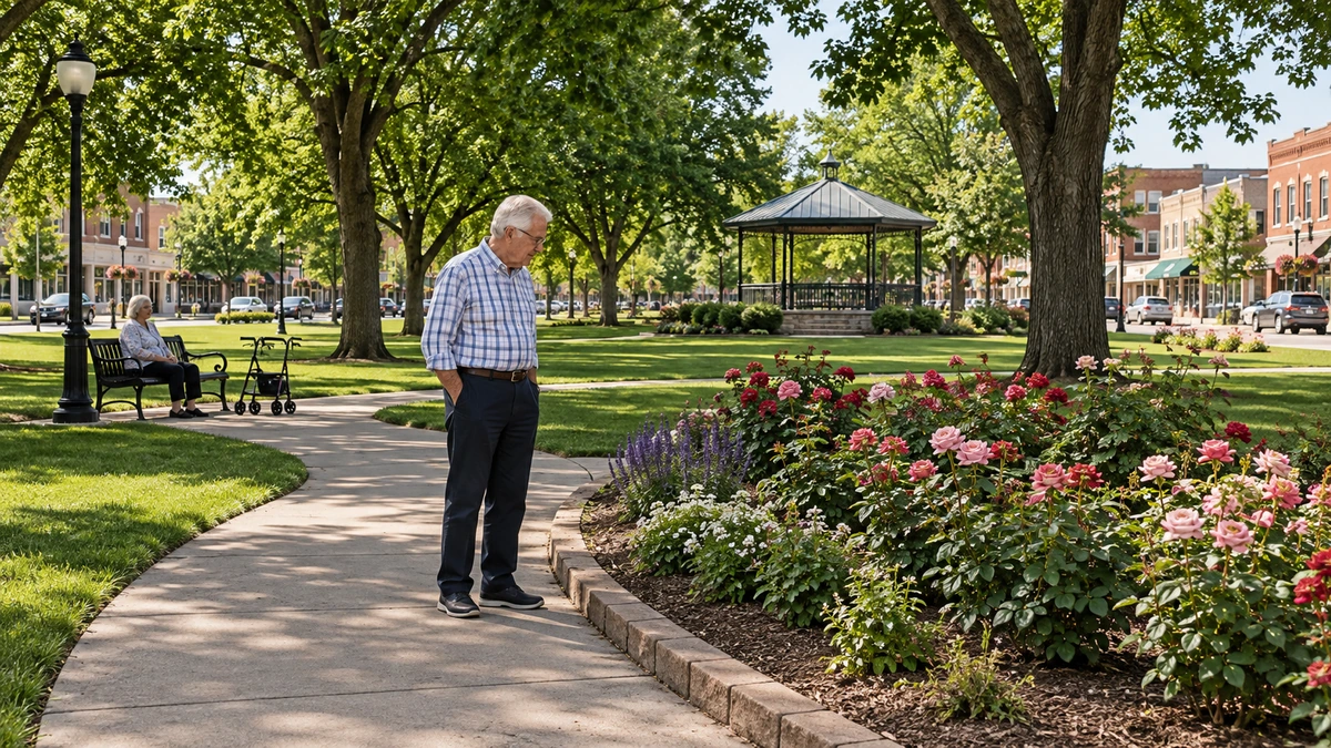 An older man pauses beside roses along a tree-shaded park path.