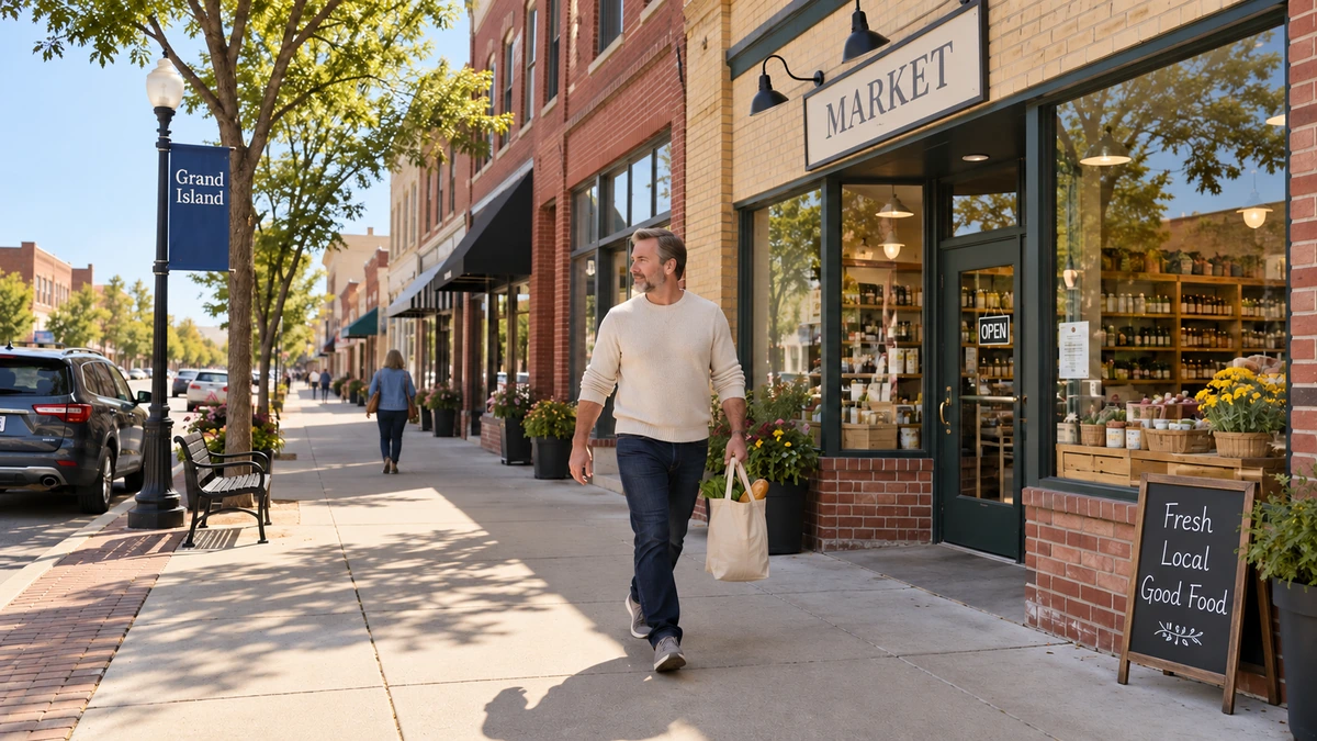A man carries a grocery bag past a market on a brick shop street.