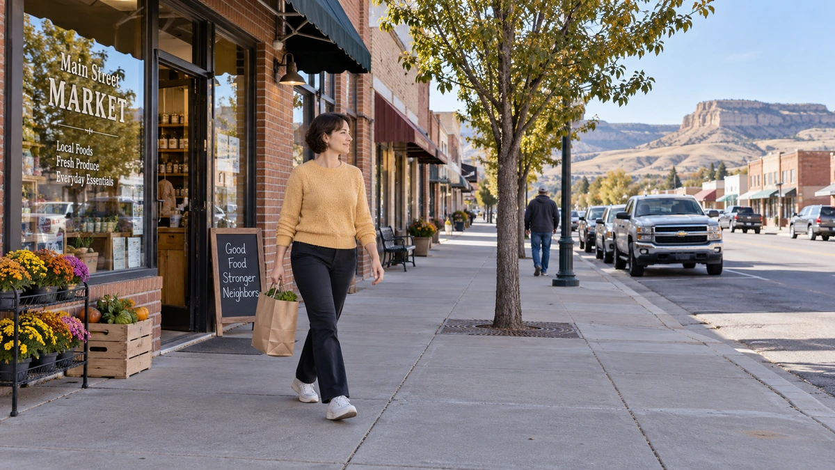 A woman carries a grocery bag past a brick market with a dry bluff landscape beyond the street.